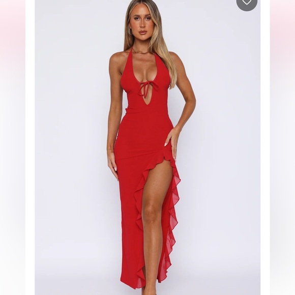 White Fox Boutique Dresses & Skirts - White Fox Boutique Red Halter Maxi Dress with Ruffle Slit